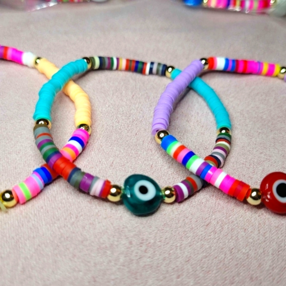 Evil Eye Polymer Clay Heishi Beaded Bracelets 🧿